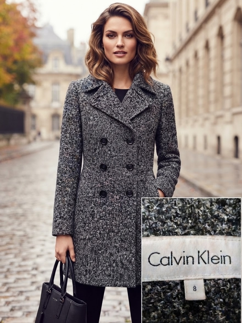 Calvin Klein Black and Gray Tweed Double-Breasted Pea Coat